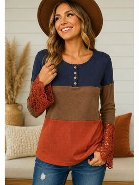 Boho Colorblock Ribbed Lace Sleeve Top Small Fall Boutique Style